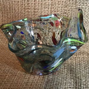 Multicolored Art Glass Handkerchief Bowl / Vase Vintage